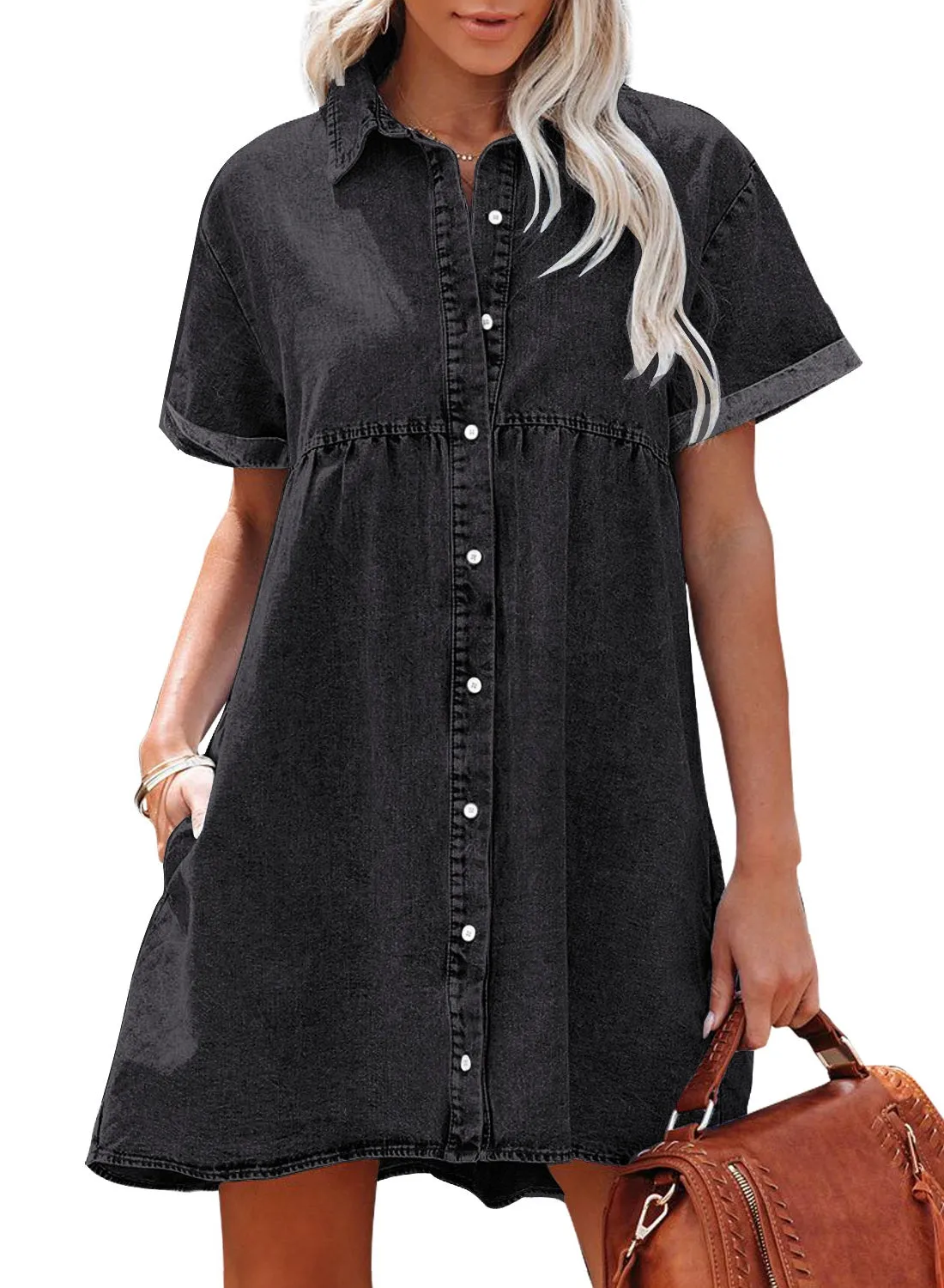 Vintage Black Women's Short Sleeve Button Down Flowy Tiered Babydoll Denim Dress