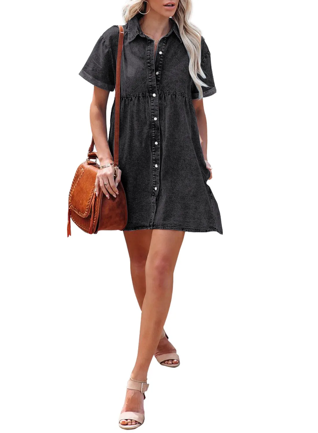 Vintage Black Women's Short Sleeve Button Down Flowy Tiered Babydoll Denim Dress