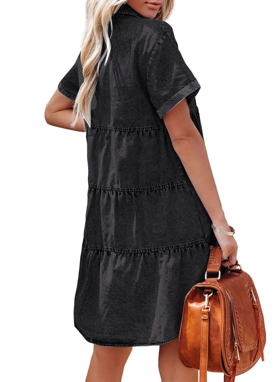 Vintage Black Women's Short Sleeve Button Down Flowy Tiered Babydoll Denim Dress