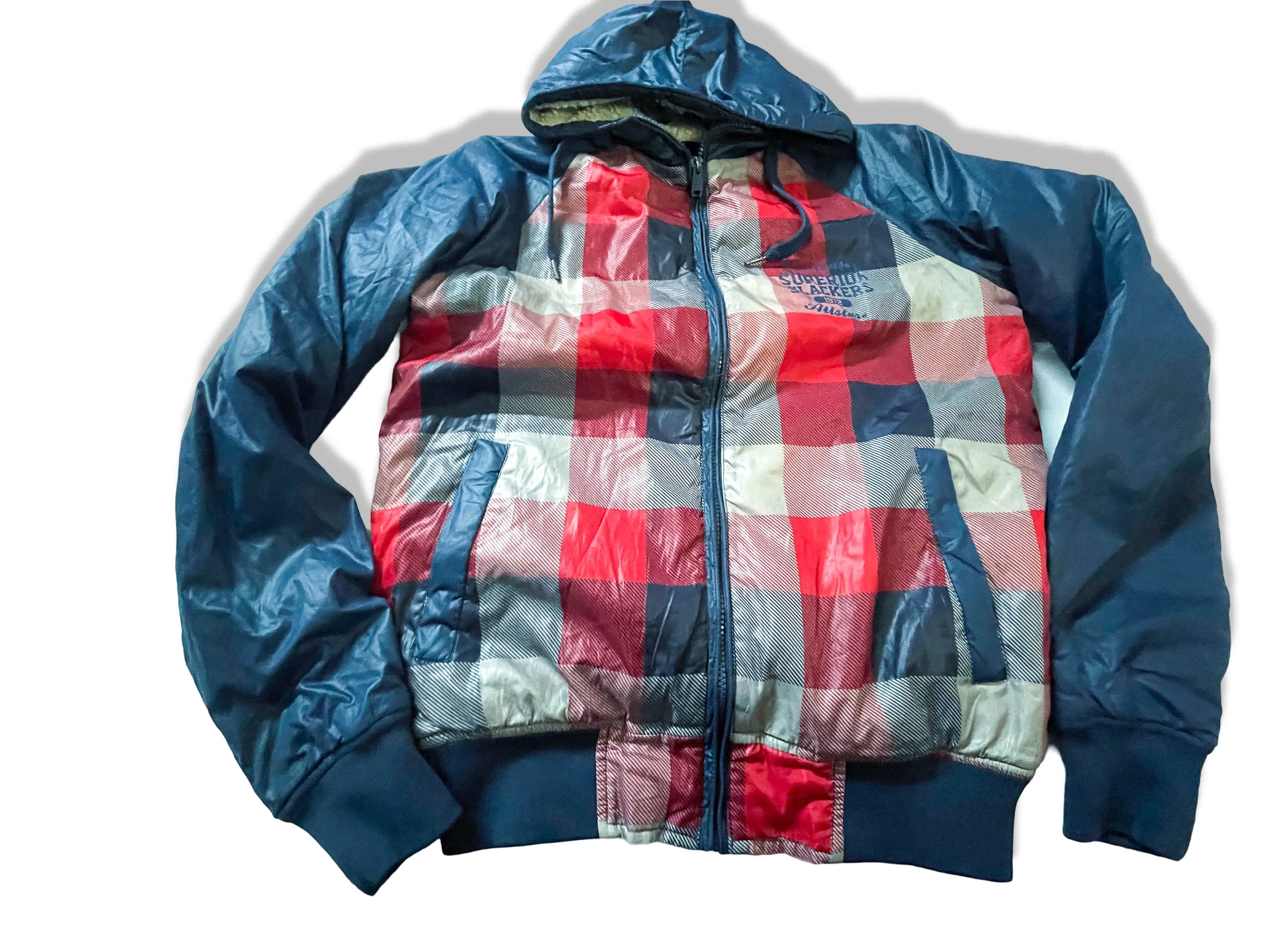 Vintage Fishbone superior slacker blue checkered full zip hoodie in S/M|L26 W21|SKU 3965