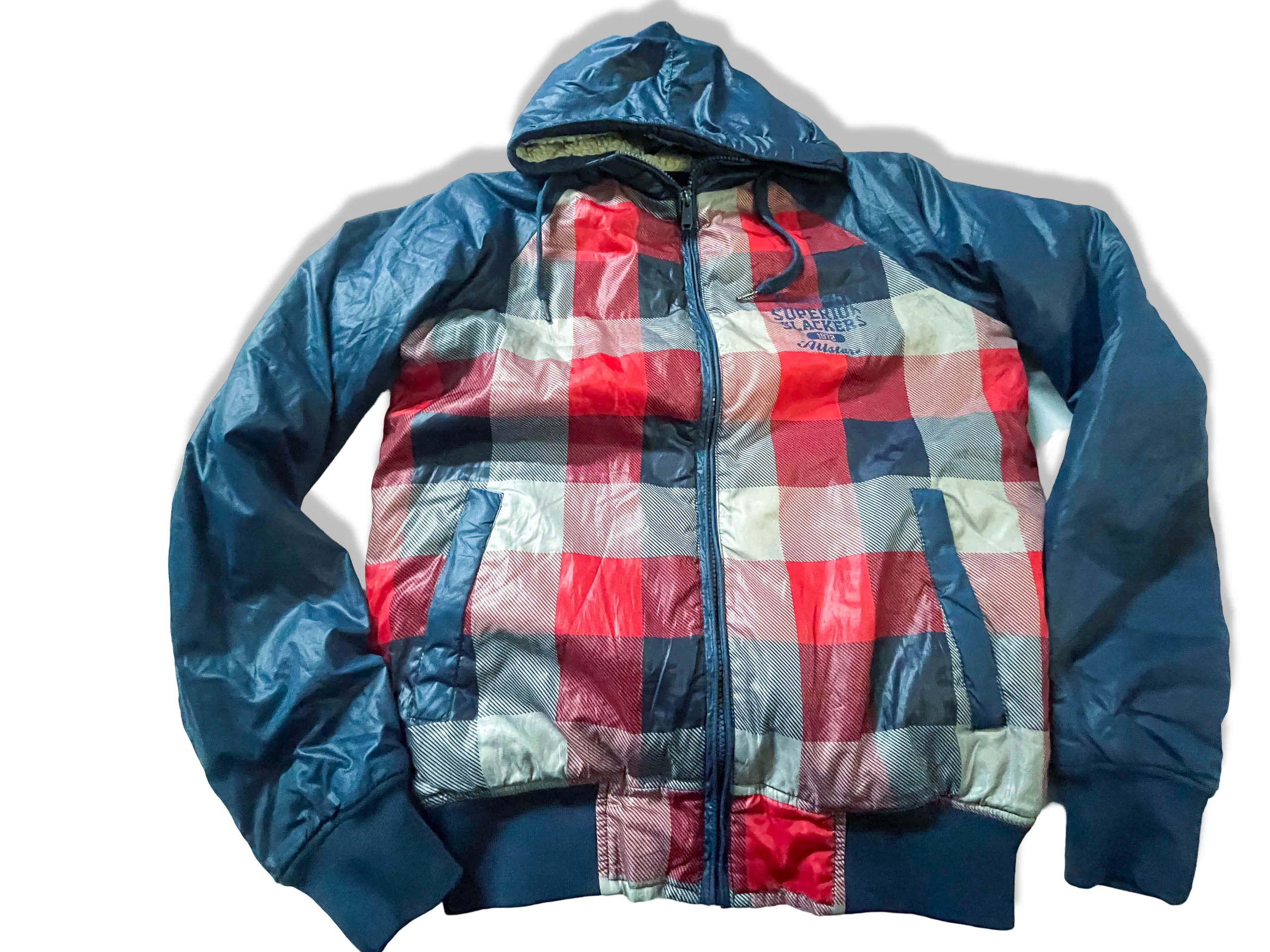 Vintage Fishbone superior slacker blue checkered full zip hoodie in S/M|L26 W21|SKU 3965