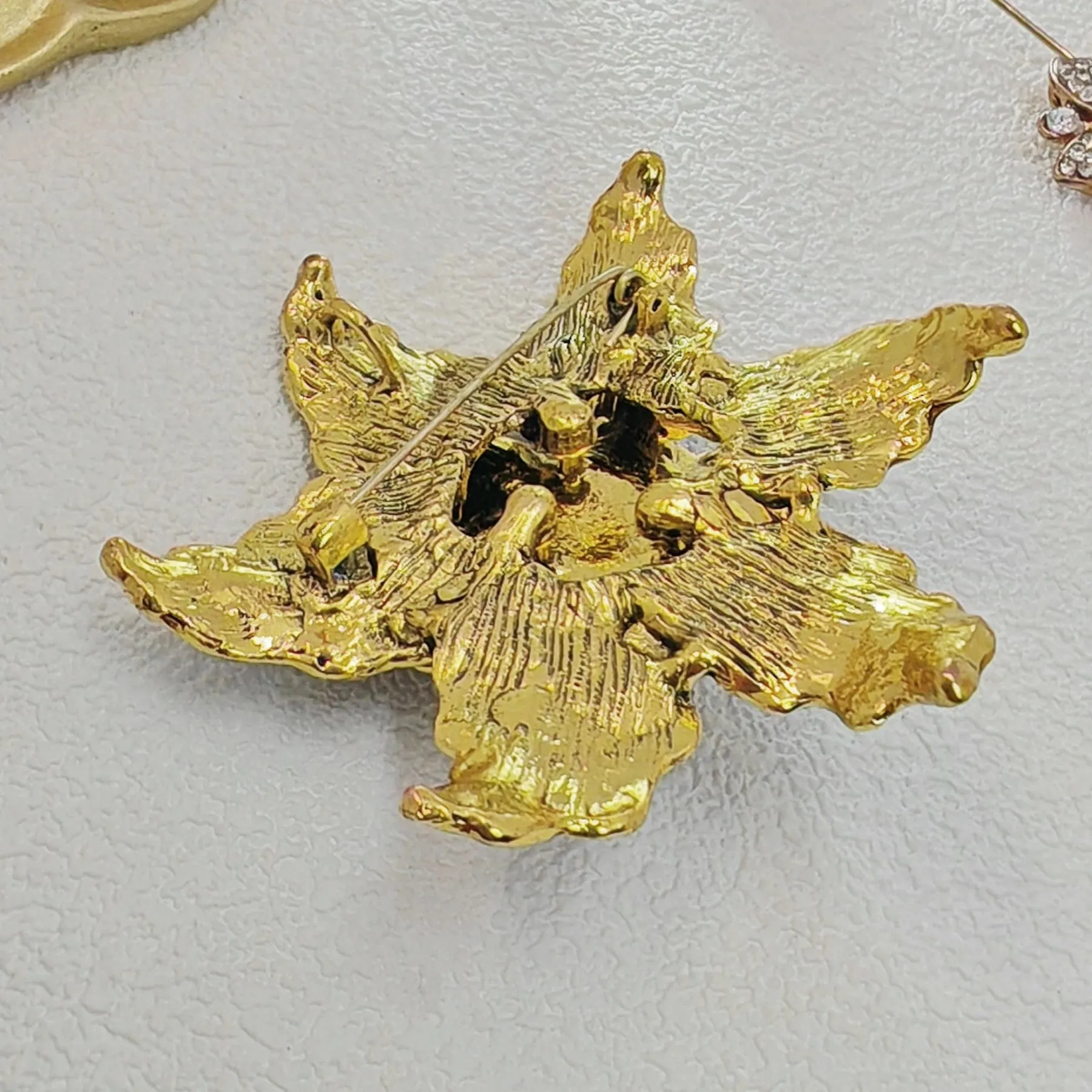 Vintage Triple-Layered Brown Enamel Poinsettia Flower Pin Brooch with Crystal Accent