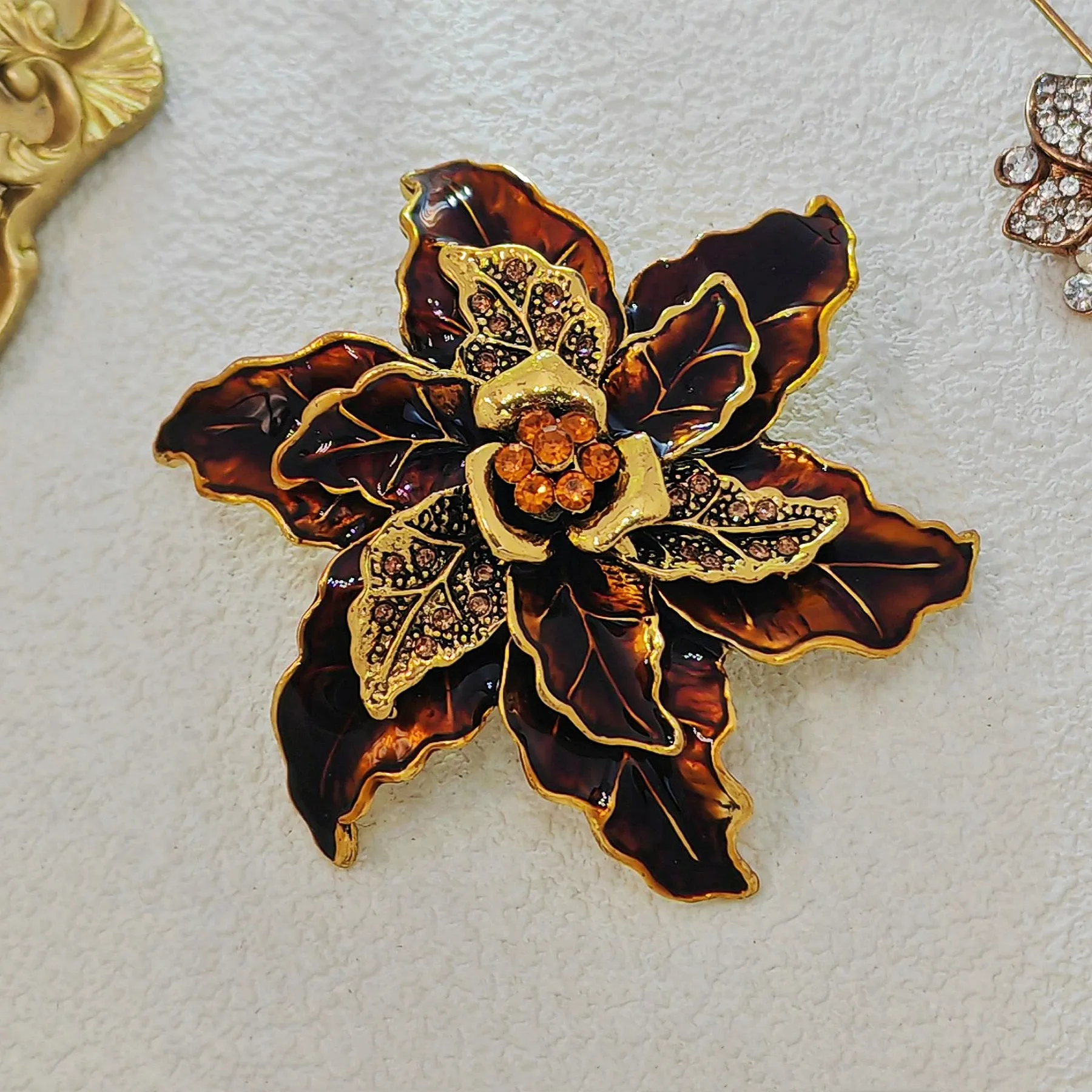 Vintage Triple-Layered Brown Enamel Poinsettia Flower Pin Brooch with Crystal Accent