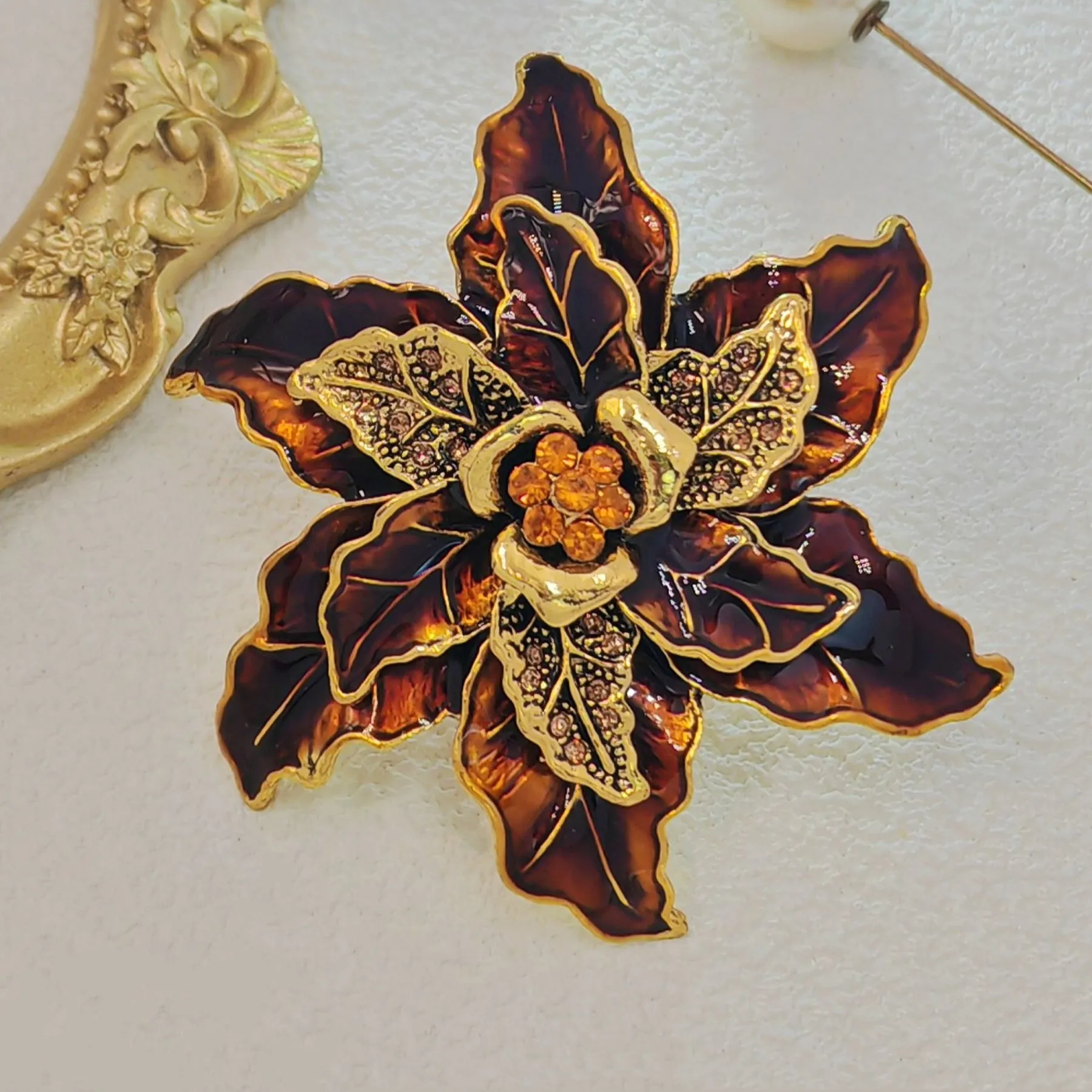 Vintage Triple-Layered Brown Enamel Poinsettia Flower Pin Brooch with Crystal Accent
