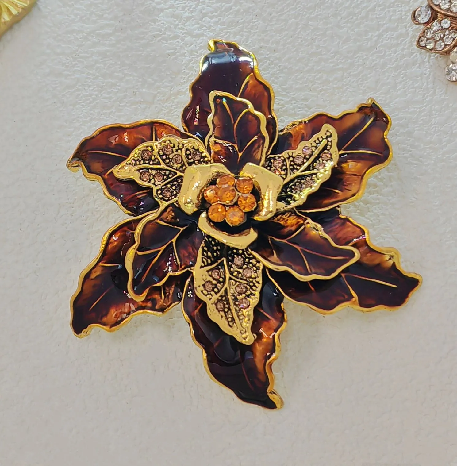 Vintage Triple-Layered Brown Enamel Poinsettia Flower Pin Brooch with Crystal Accent