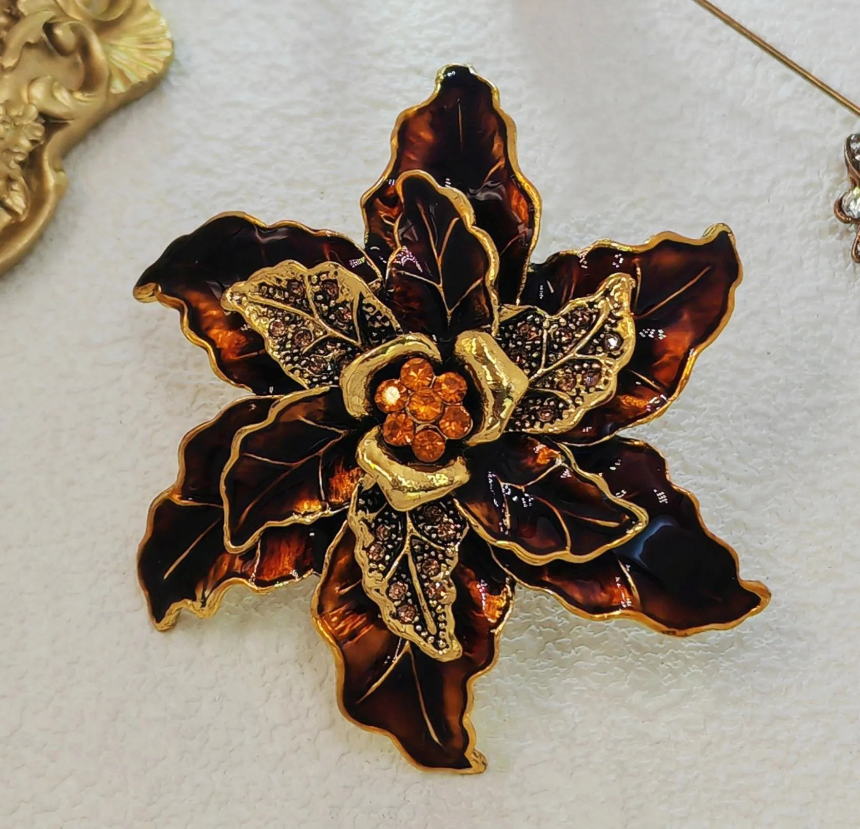 Vintage Triple-Layered Brown Enamel Poinsettia Flower Pin Brooch with Crystal Accent