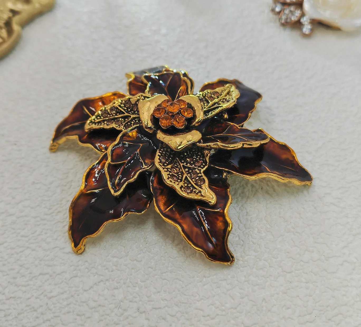 Vintage Triple-Layered Brown Enamel Poinsettia Flower Pin Brooch with Crystal Accent