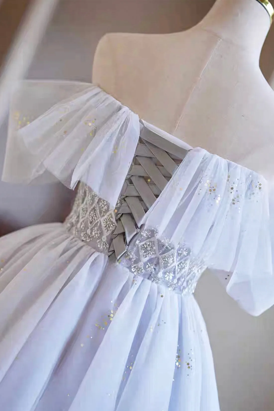 White Tulle Knee Length Party Dress, A-Line Off the Shoulder Evening Party Dress