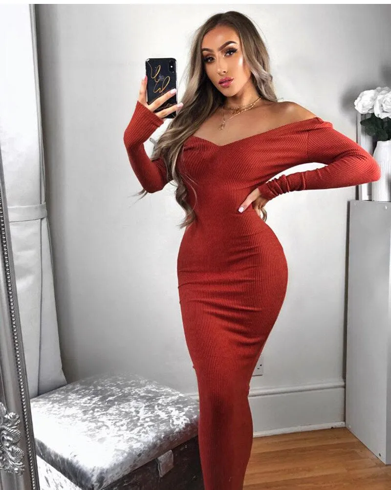 Women's Cotton Ribbed V-Neck Skinny Dress