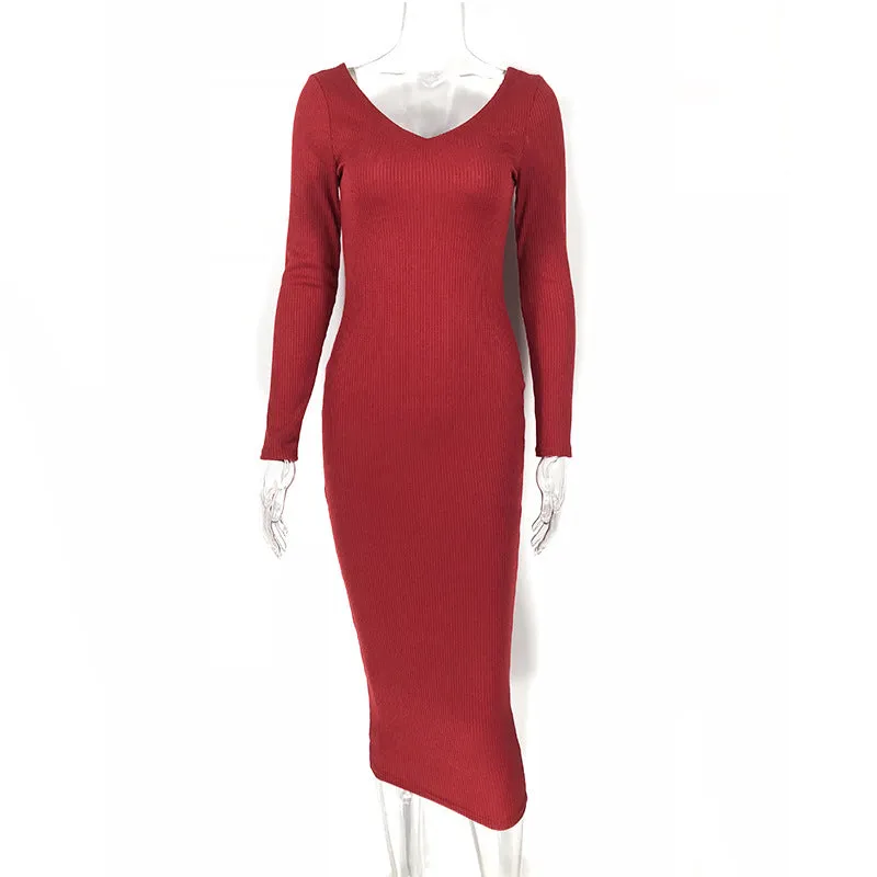 Women's Cotton Ribbed V-Neck Skinny Dress