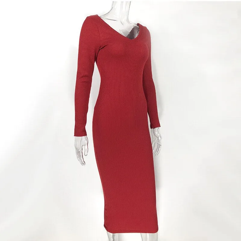 Women's Cotton Ribbed V-Neck Skinny Dress