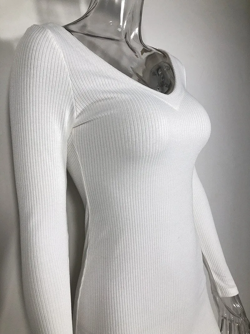 Women's Cotton Ribbed V-Neck Skinny Dress
