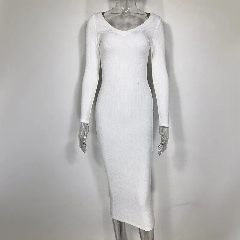 Women's Cotton Ribbed V-Neck Skinny Dress