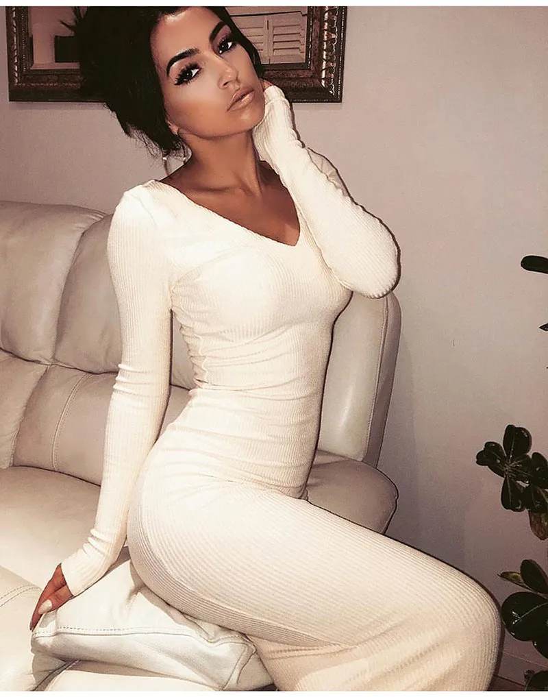 Women's Cotton Ribbed V-Neck Skinny Dress