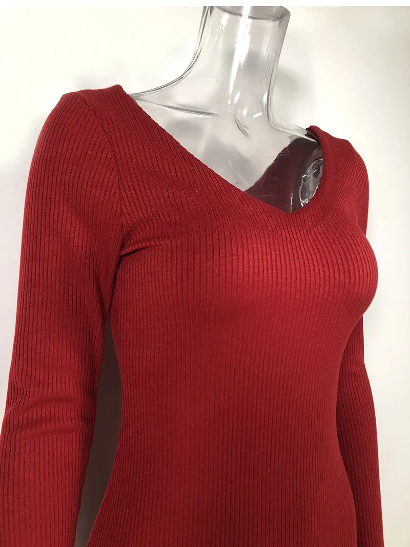 Women's Cotton Ribbed V-Neck Skinny Dress