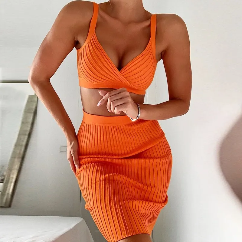 Women's V-Neck Knitted Elastic Two-Piece Dress