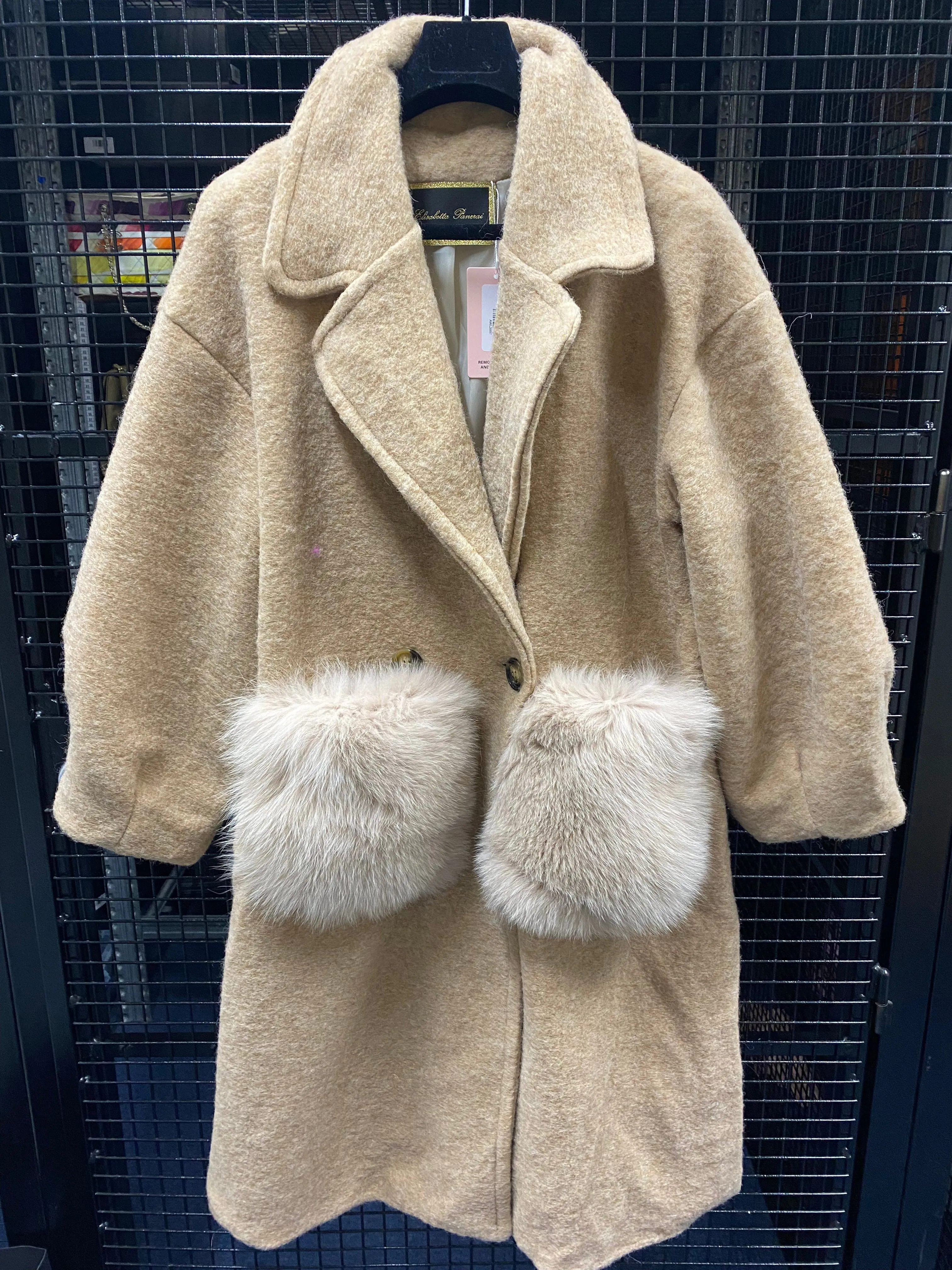 Wool Coat with Fox Fur Pockets in Camel - AWL3997