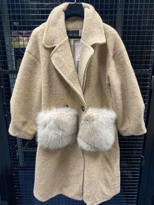Wool Coat with Fox Fur Pockets in Camel - AWL3997