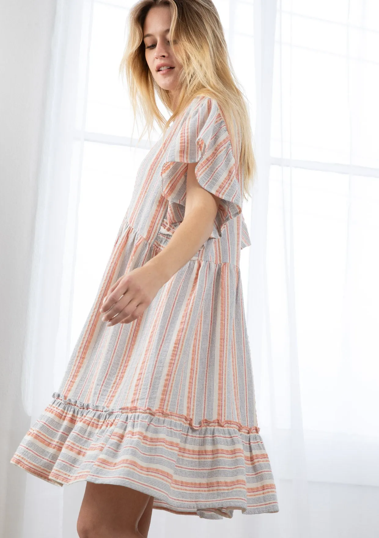 Yarn Dyed Striped Flutter Sleeve Mini Dress