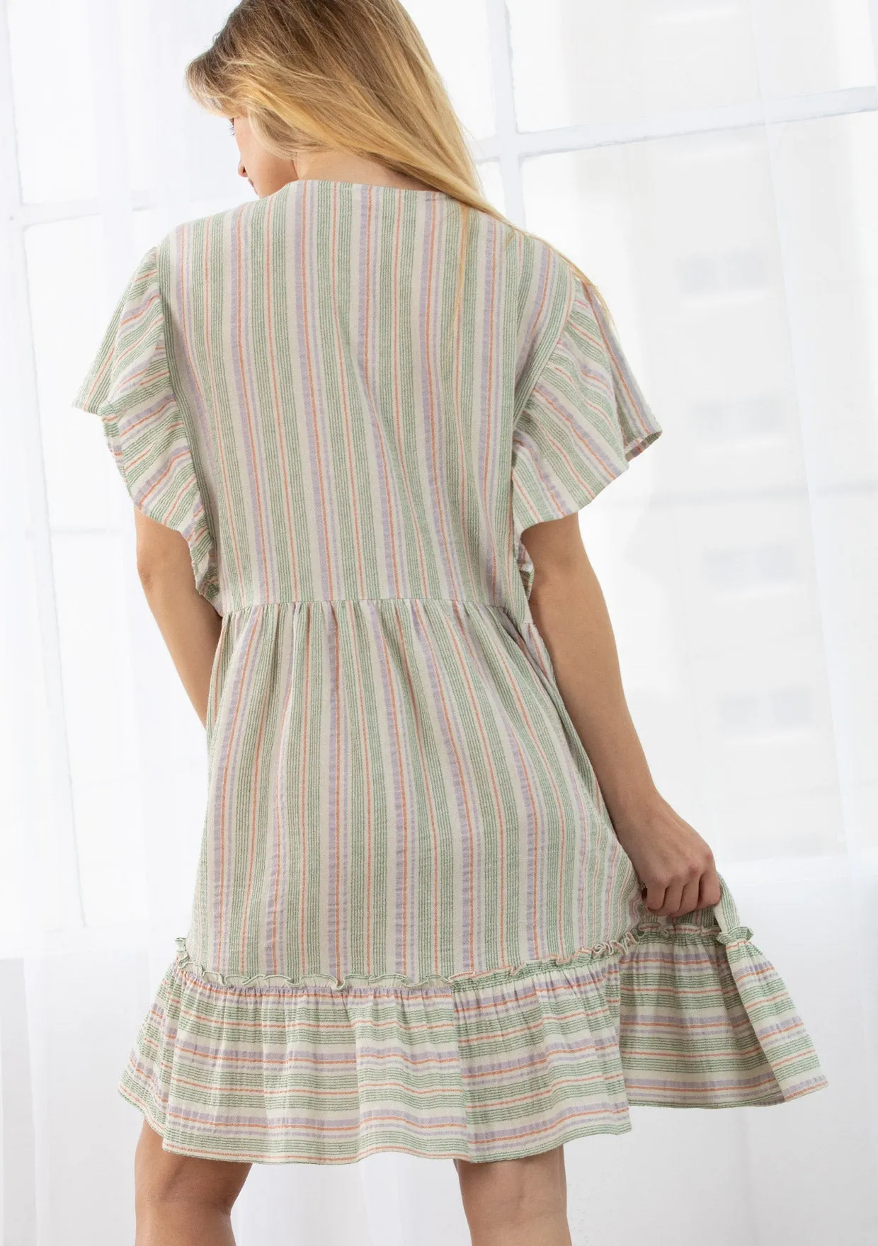 Yarn Dyed Striped Flutter Sleeve Mini Dress