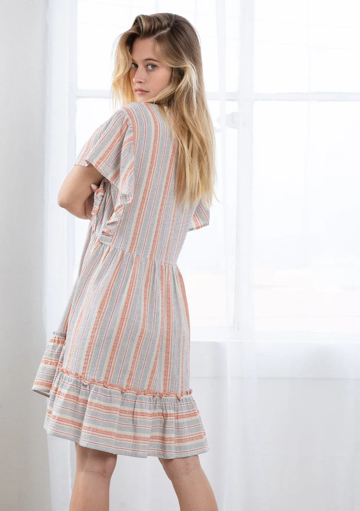 Yarn Dyed Striped Flutter Sleeve Mini Dress