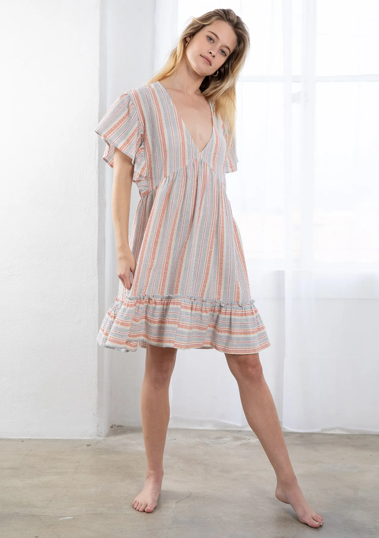 Yarn Dyed Striped Flutter Sleeve Mini Dress