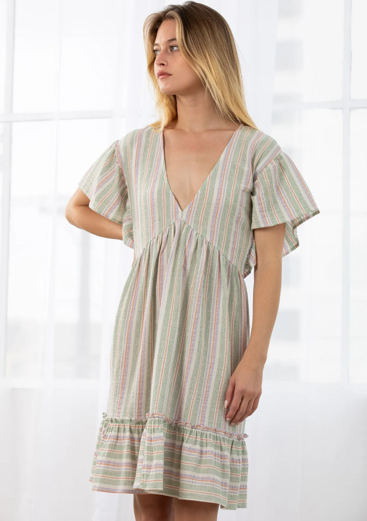 Yarn Dyed Striped Flutter Sleeve Mini Dress