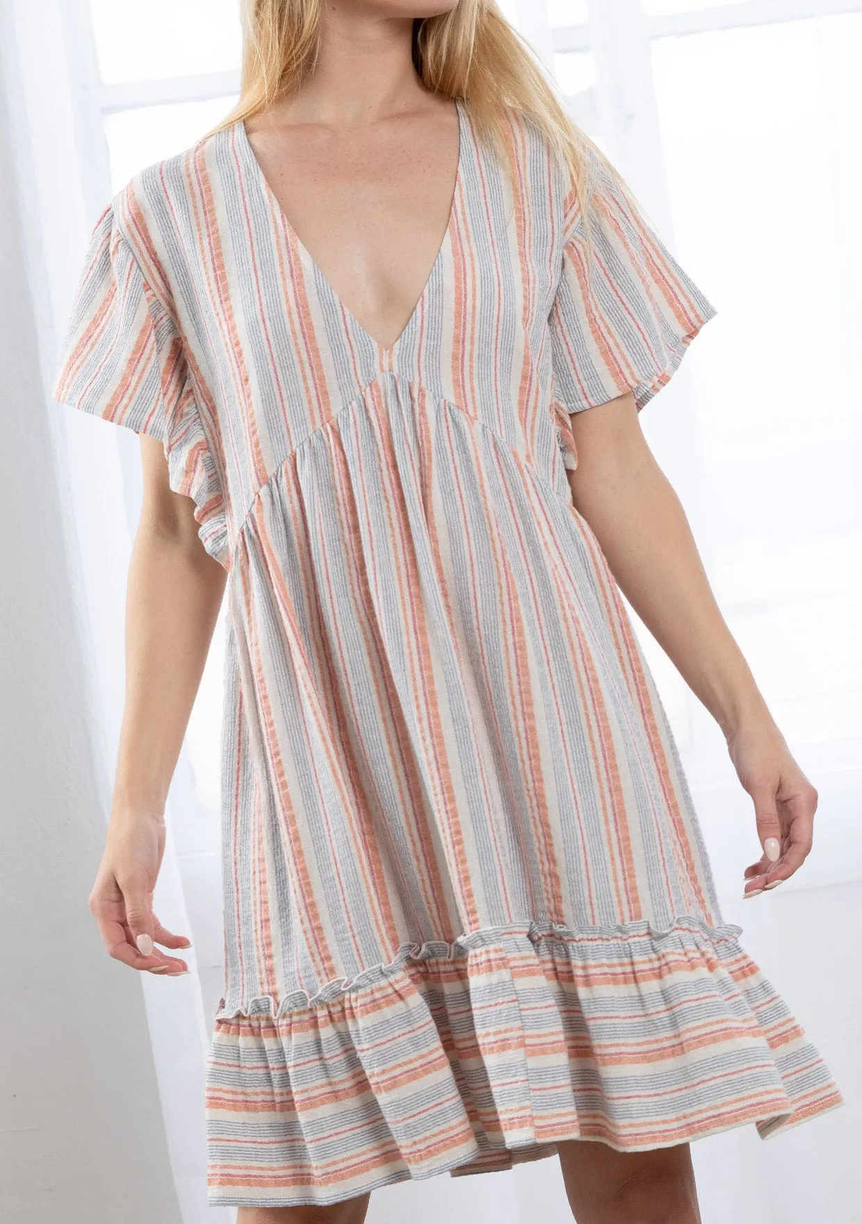 Yarn Dyed Striped Flutter Sleeve Mini Dress