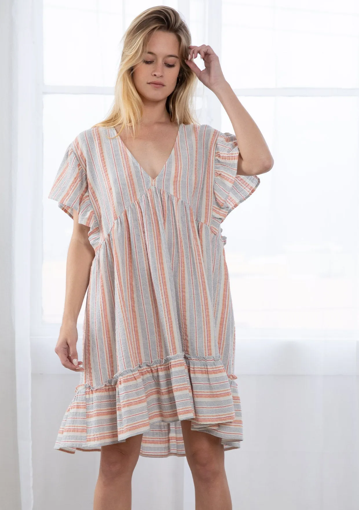 Yarn Dyed Striped Flutter Sleeve Mini Dress