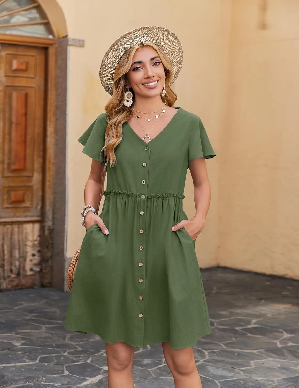 Zeagoo Button Down Flutter Sleeve Cotton Linen Dress with Pockets