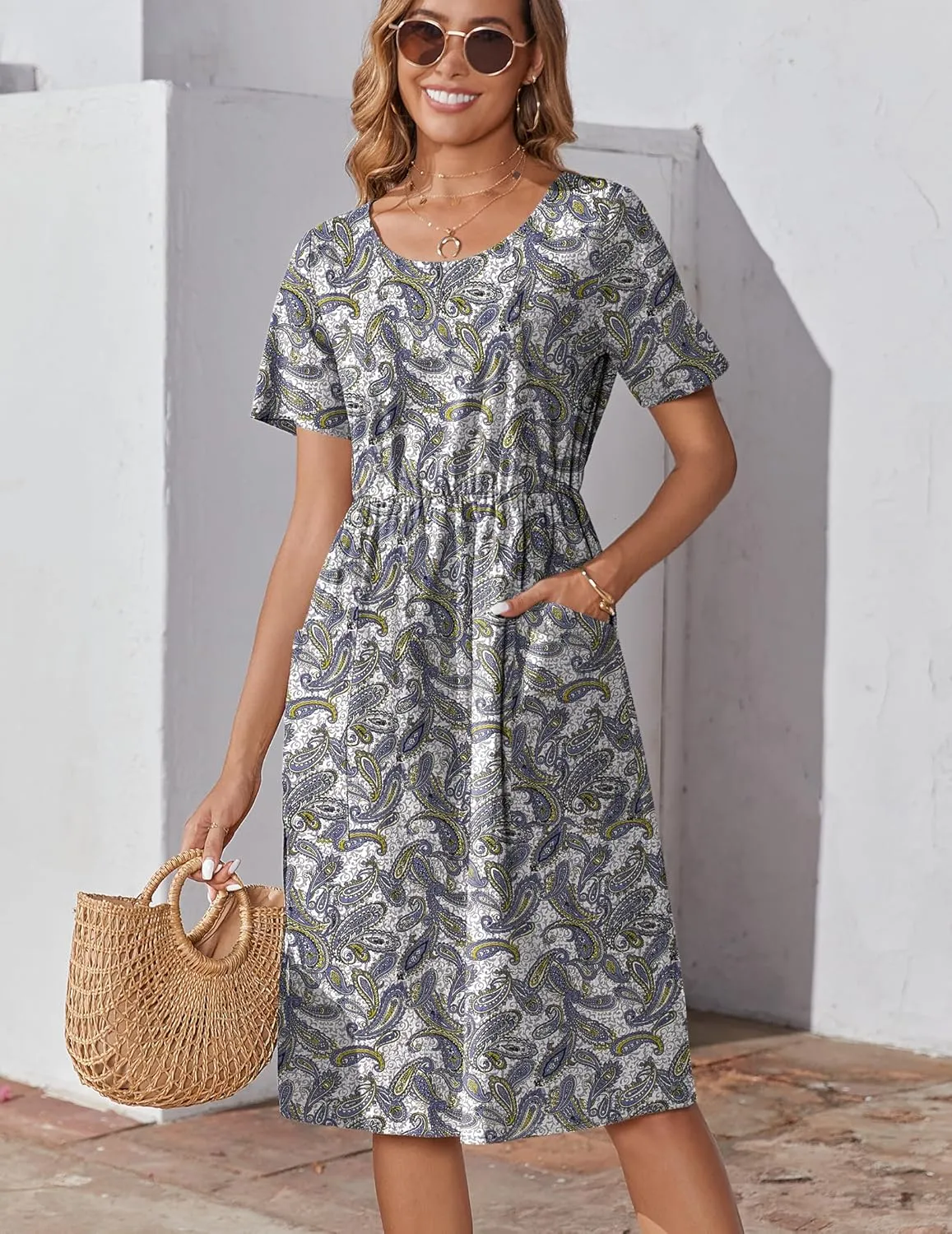 Zeagoo Womens Midi Dress Short Sleeve A-Line Cotton Linen Dress