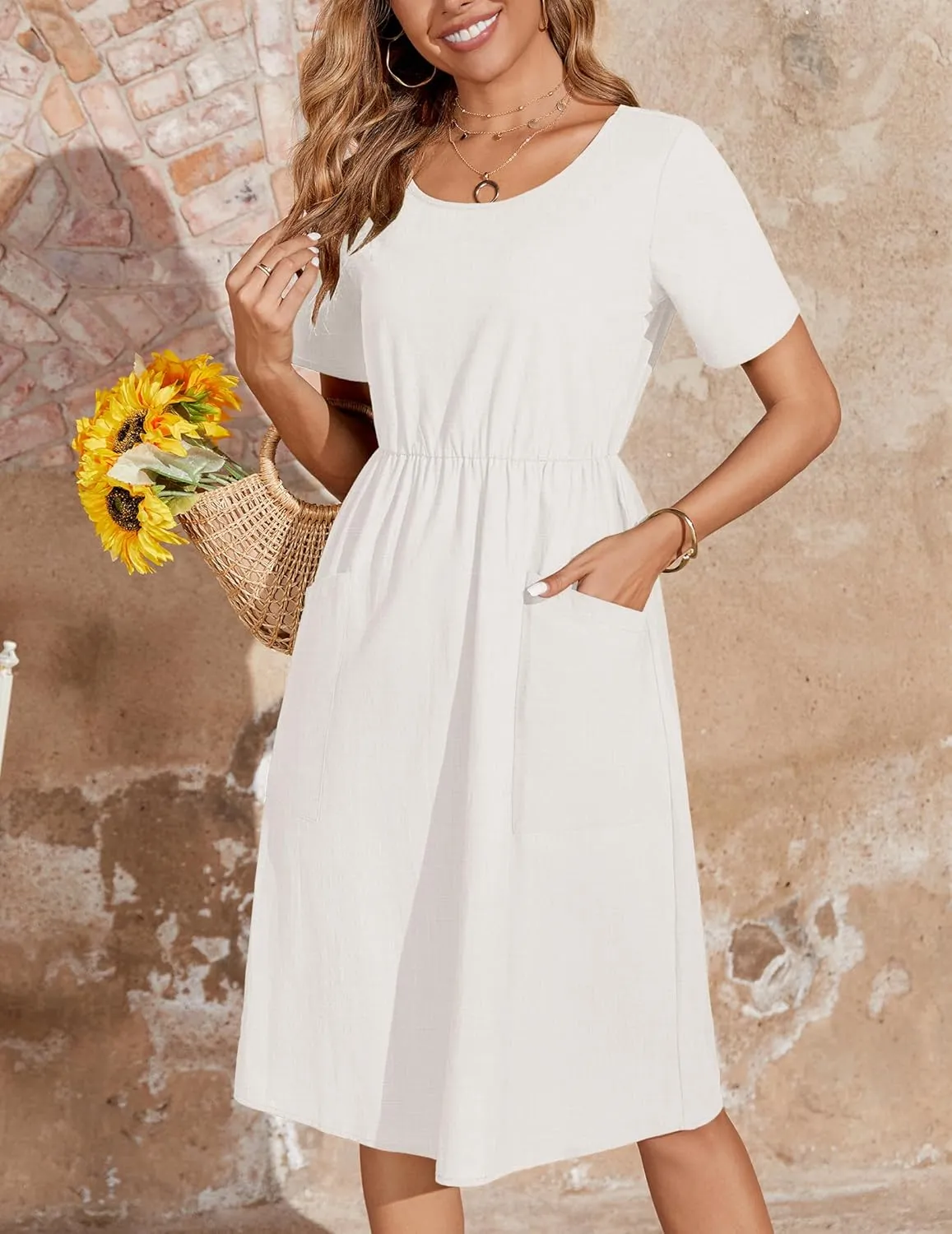 Zeagoo Womens Midi Dress Short Sleeve A-Line Cotton Linen Dress