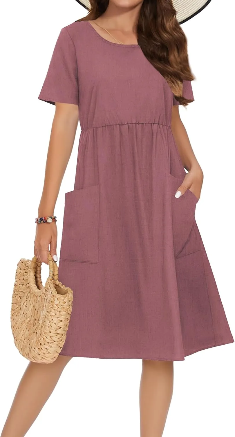 Zeagoo Womens Midi Dress Short Sleeve A-Line Cotton Linen Dress