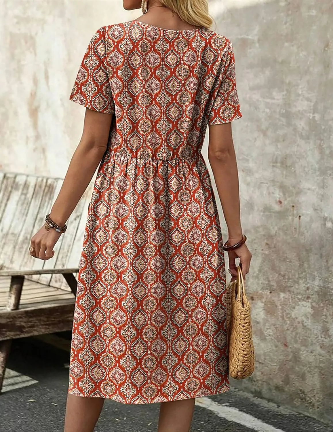 Zeagoo Womens Midi Dress Short Sleeve A-Line Cotton Linen Dress