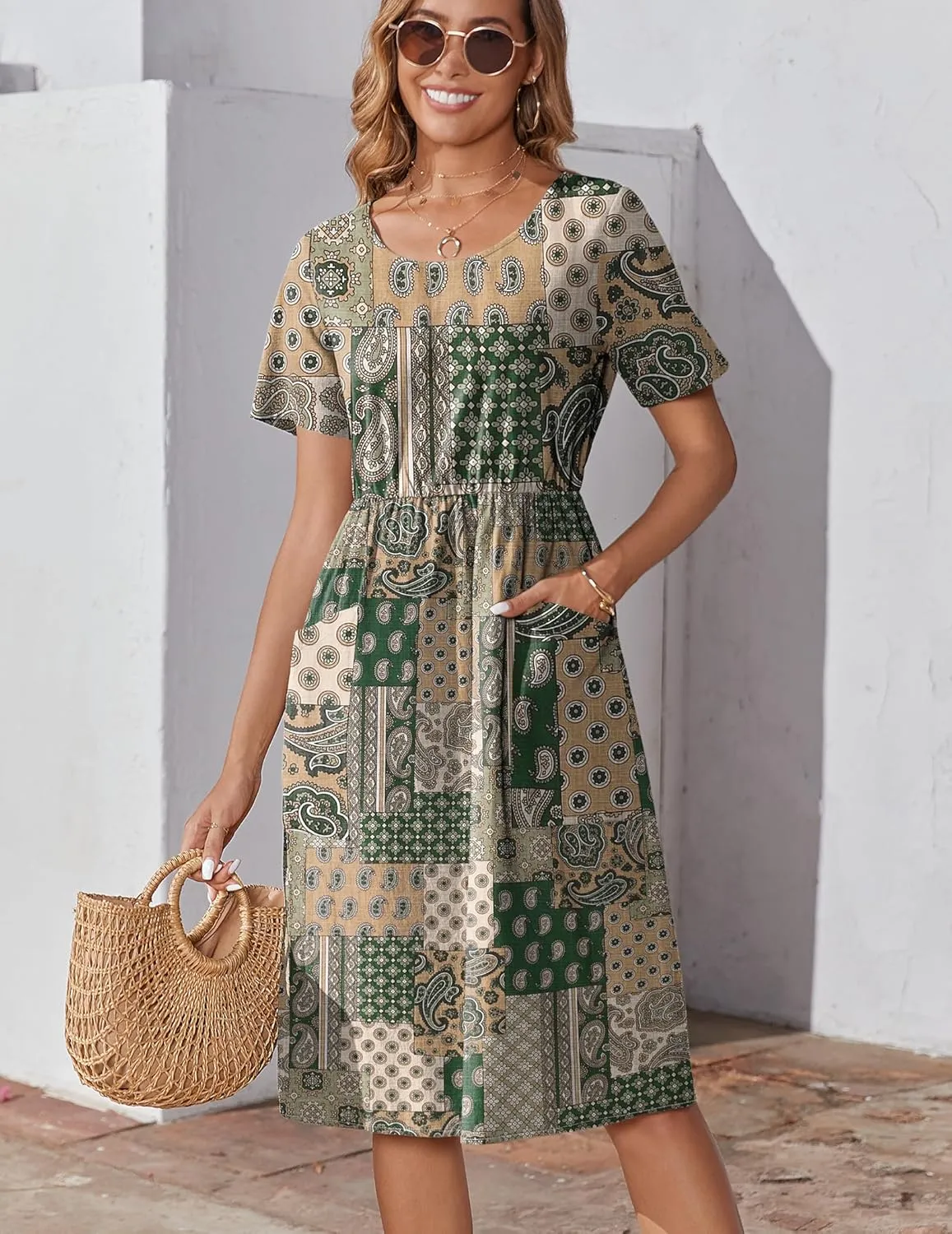 Zeagoo Womens Midi Dress Short Sleeve A-Line Cotton Linen Dress