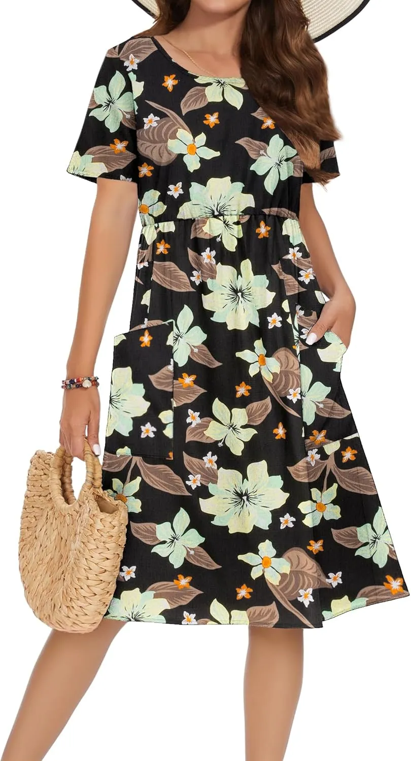 Zeagoo Womens Midi Dress Short Sleeve A-Line Cotton Linen Dress