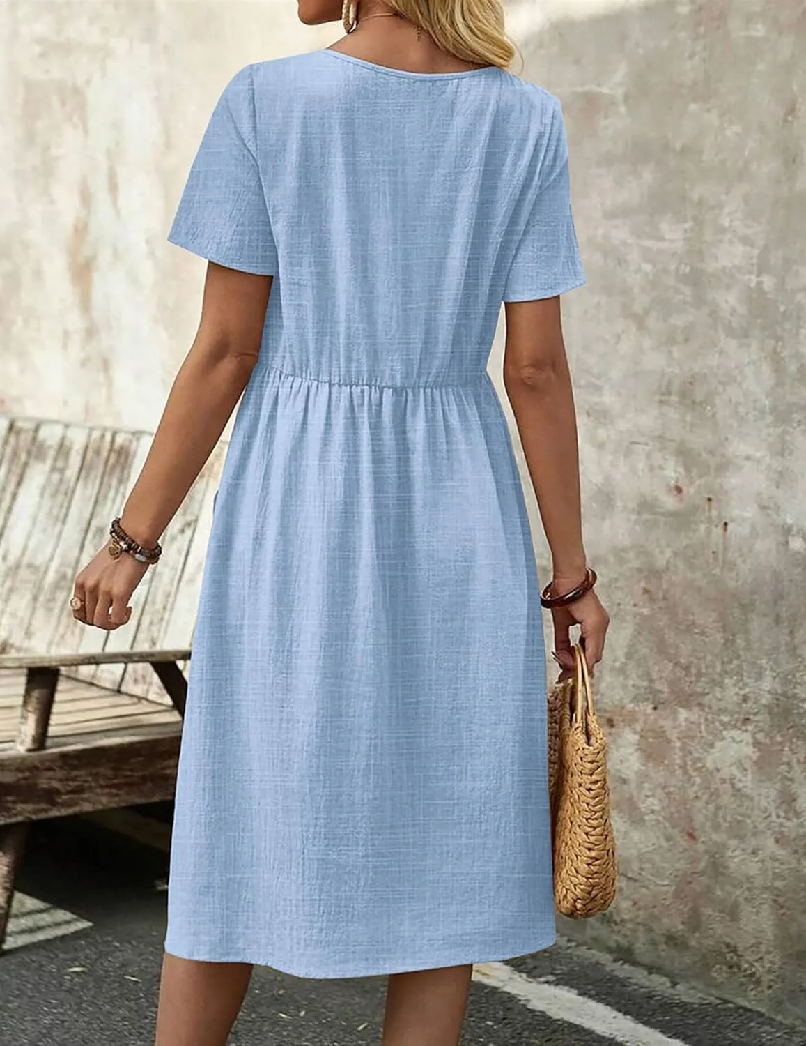 Zeagoo Womens Midi Dress Short Sleeve A-Line Cotton Linen Dress