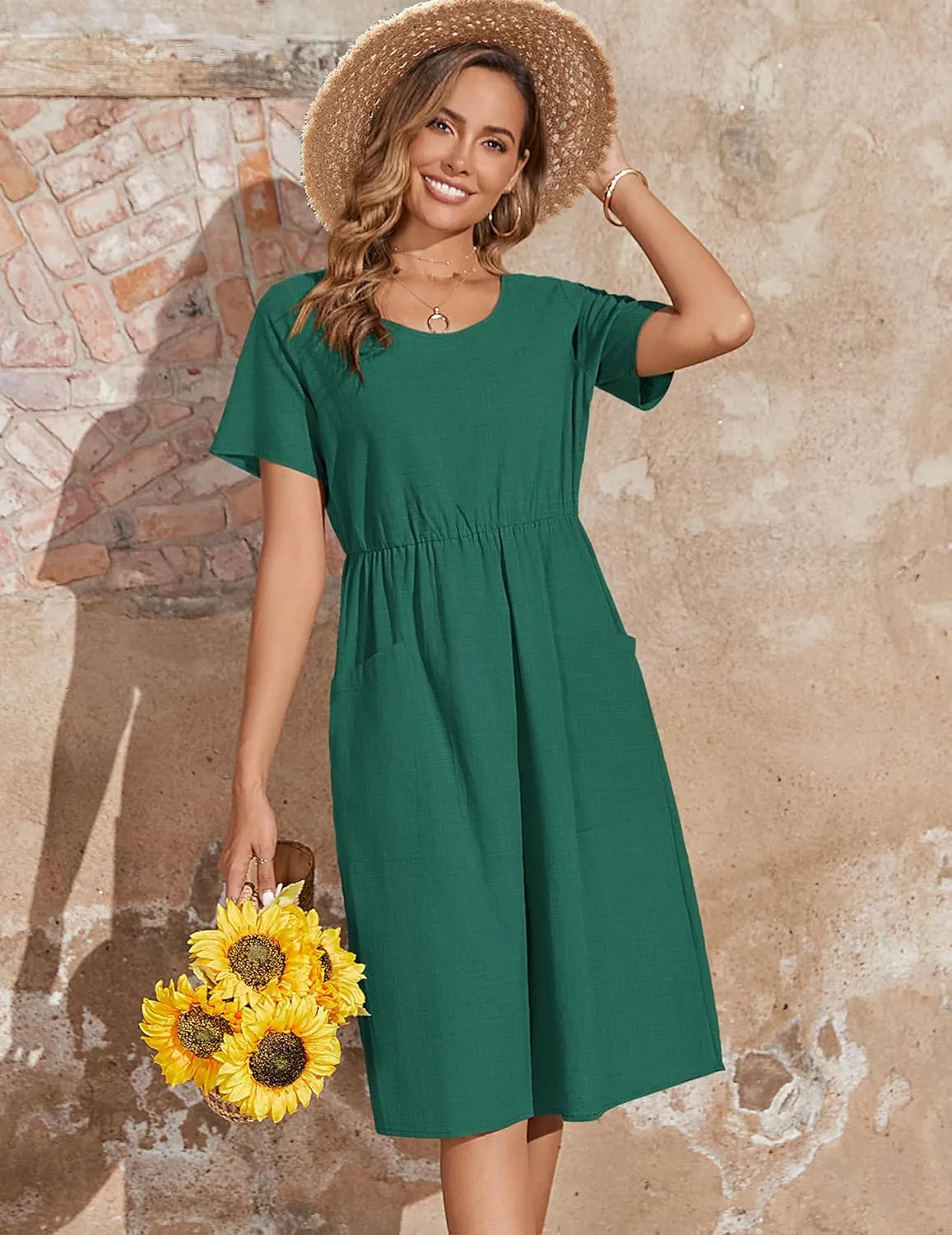 Zeagoo Womens Midi Dress Short Sleeve A-Line Cotton Linen Dress