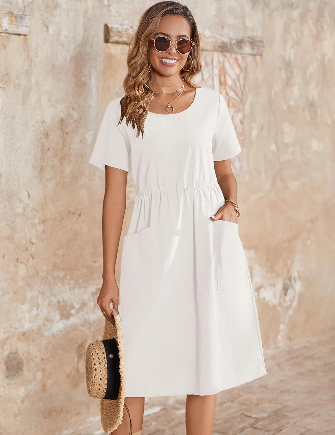 Zeagoo Womens Midi Dress Short Sleeve A-Line Cotton Linen Dress