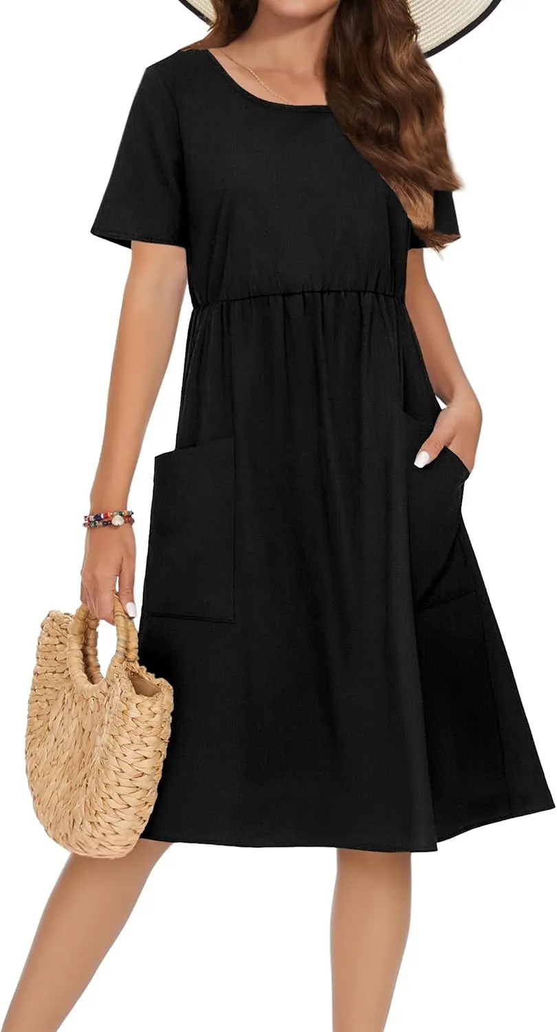 Zeagoo Womens Midi Dress Short Sleeve A-Line Cotton Linen Dress