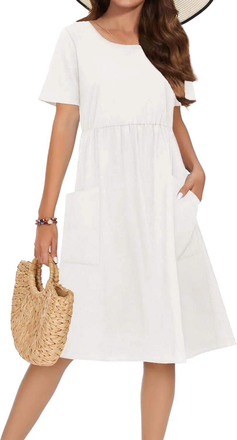 Zeagoo Womens Midi Dress Short Sleeve A-Line Cotton Linen Dress