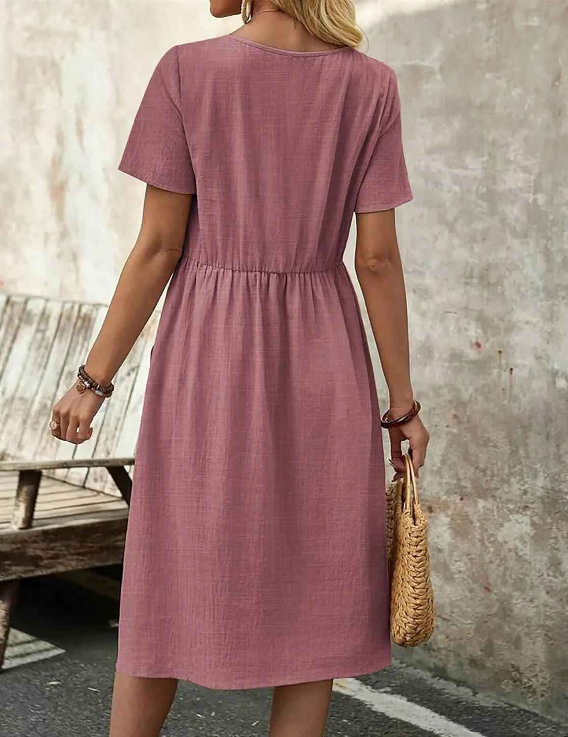 Zeagoo Womens Midi Dress Short Sleeve A-Line Cotton Linen Dress