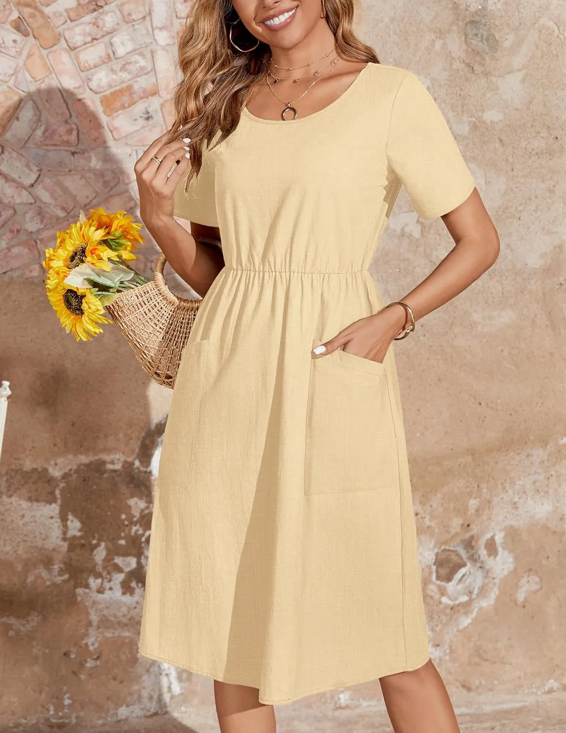 Zeagoo Womens Midi Dress Short Sleeve A-Line Cotton Linen Dress