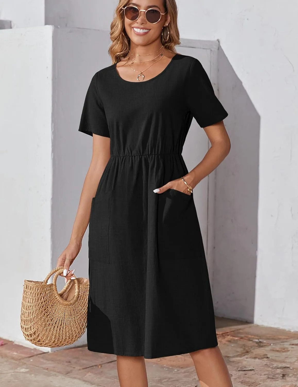 Zeagoo Womens Midi Dress Short Sleeve A-Line Cotton Linen Dress