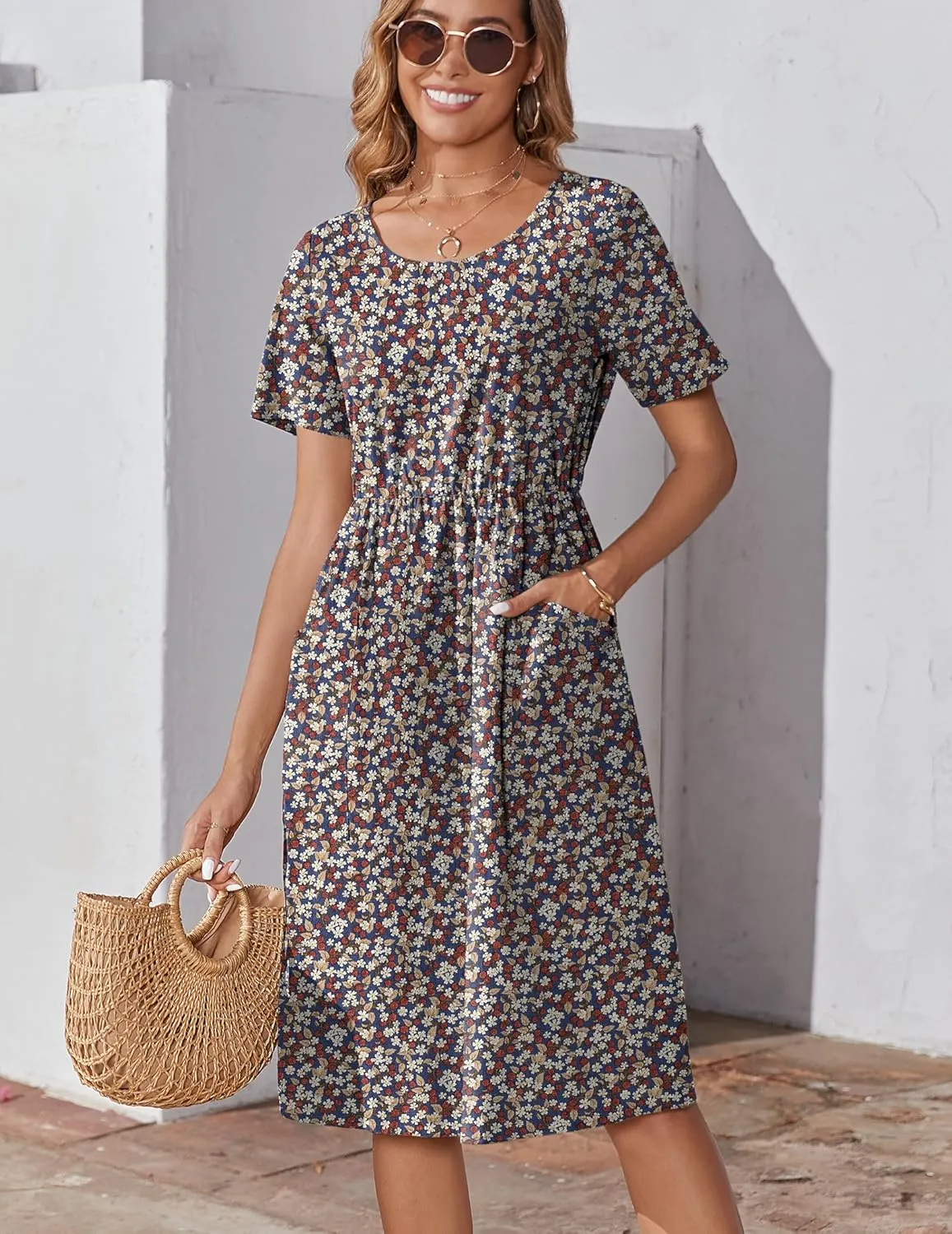 Zeagoo Womens Midi Dress Short Sleeve A-Line Cotton Linen Dress