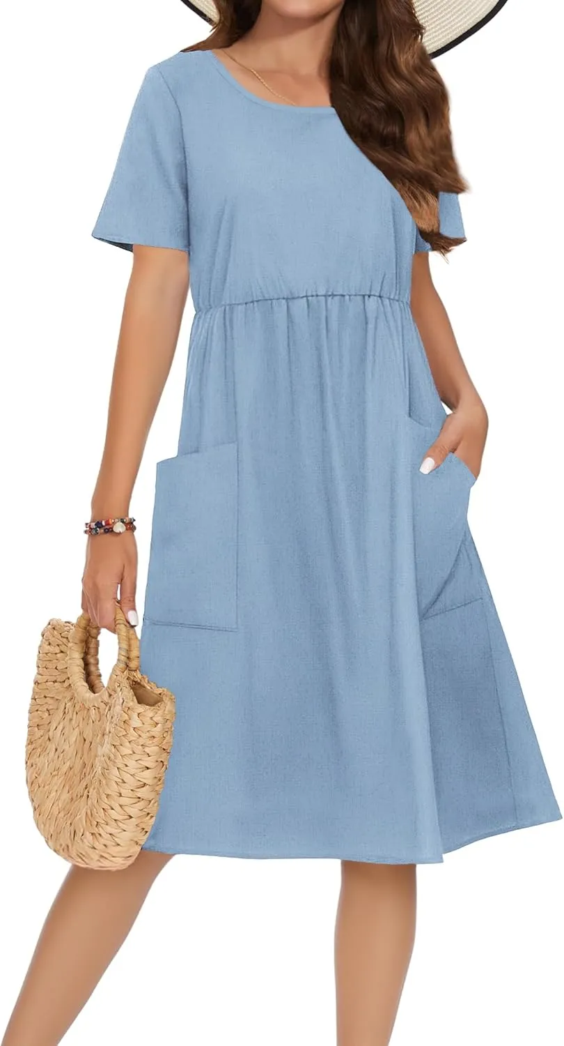 Zeagoo Womens Midi Dress Short Sleeve A-Line Cotton Linen Dress