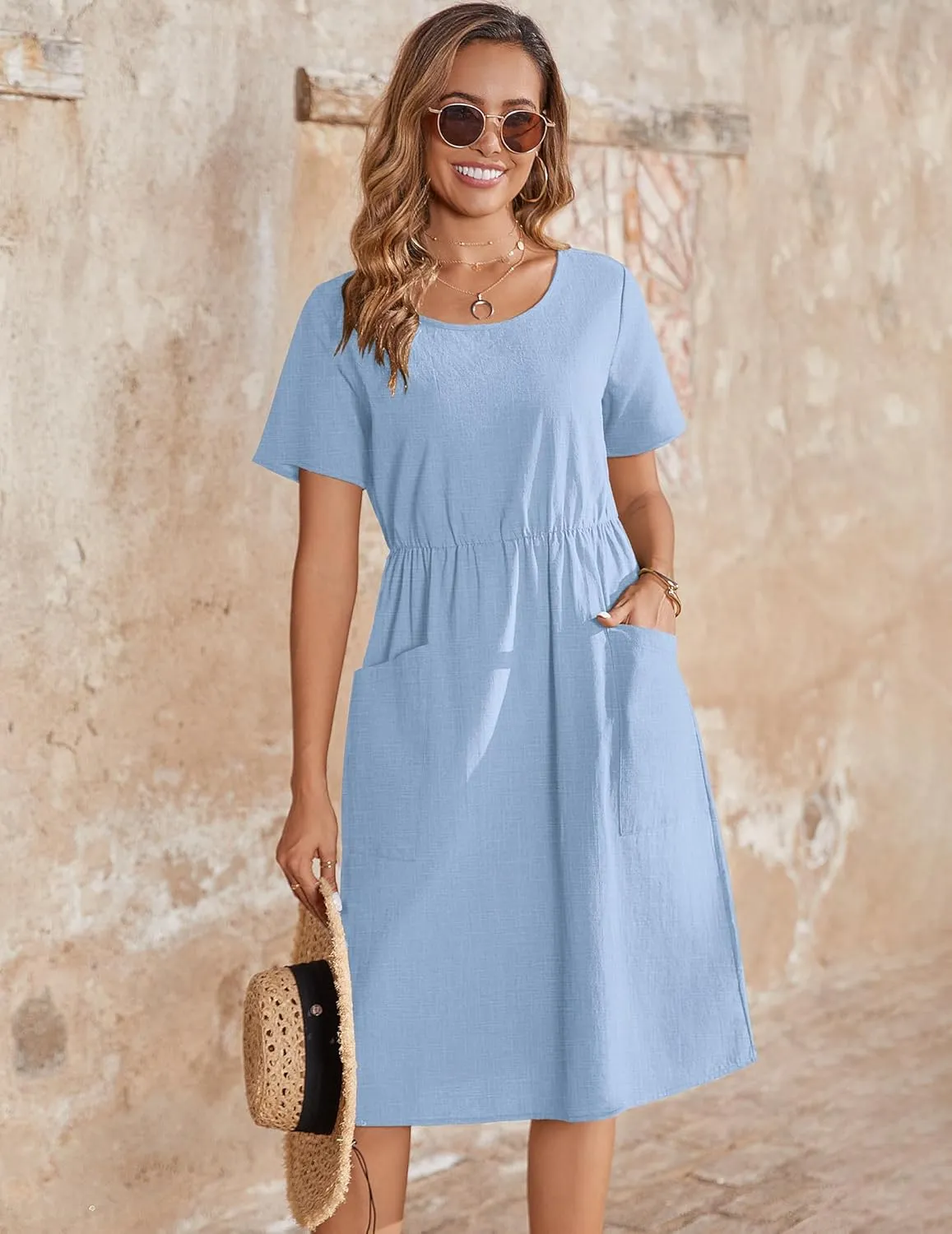Zeagoo Womens Midi Dress Short Sleeve A-Line Cotton Linen Dress