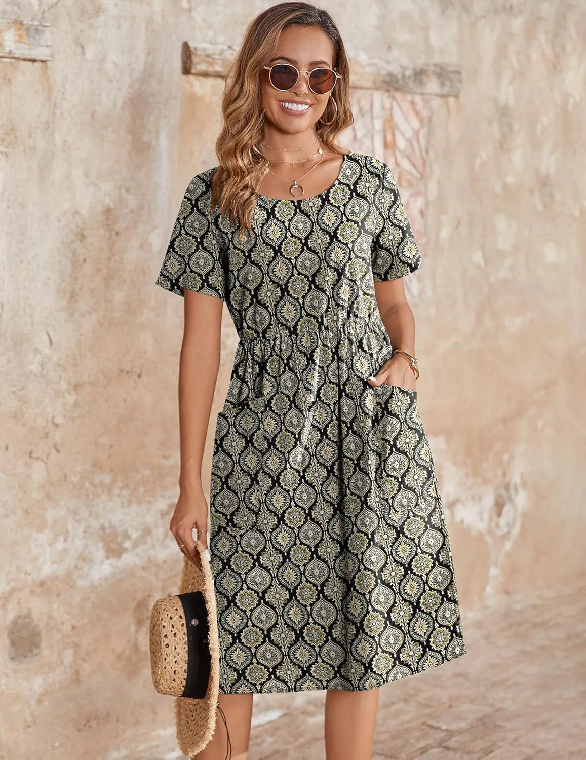 Zeagoo Womens Midi Dress Short Sleeve A-Line Cotton Linen Dress