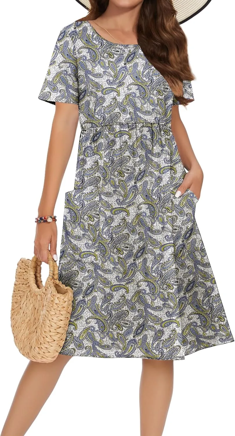 Zeagoo Womens Midi Dress Short Sleeve A-Line Cotton Linen Dress