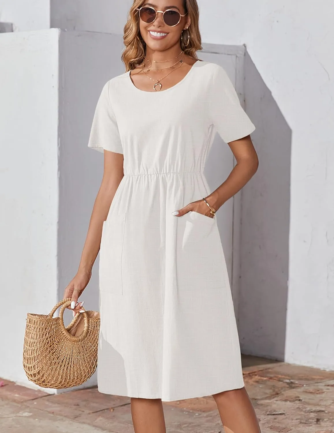 Zeagoo Womens Midi Dress Short Sleeve A-Line Cotton Linen Dress